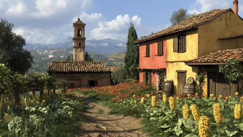 Sunlit Tuscan farmhouse rendered with high-detail vegetation shaders