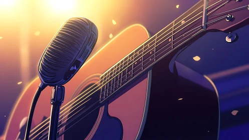 Vintage microphone meets warm acoustic guitar glow.