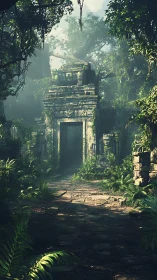 Sunlit jungle gateway inviting quiet, hidden stories.