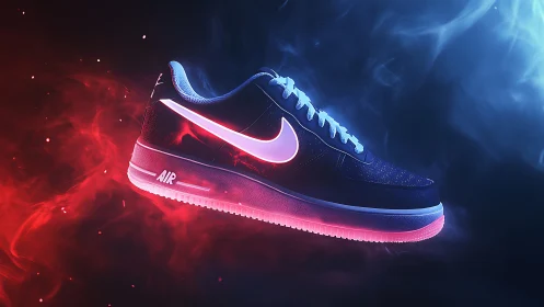 Luminous athletic sneaker in red and blue vapor backdrop.