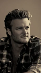 Bearded man gazes sideways in sepia studio portrait.