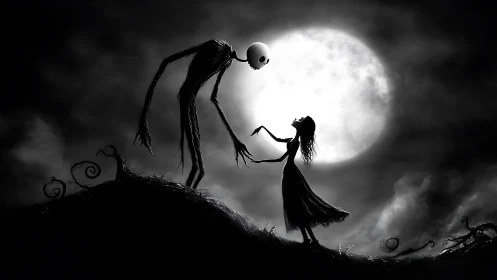 Two stylized figures stand silhouetted before a full moon