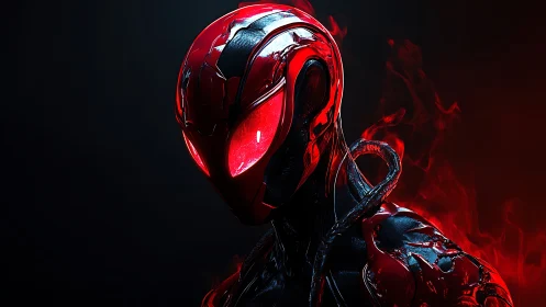 Cybernetic red warrior emerges from shadows in fiery glow.