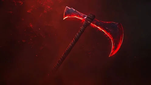 Fiery red battle axe glows boldly against a smoky dark void
