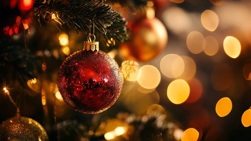 Glowing red ornament sparkling on a cozy Christmas tree.