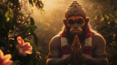 Divine monkey sage in golden sunset jungle prayer pose.