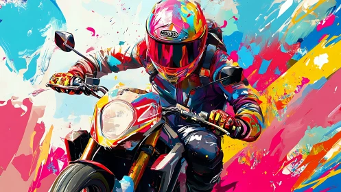 Motorcyclist rides through saturated abstract color streaks