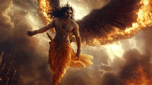 Winged warrior deity descends through burning storm clouds