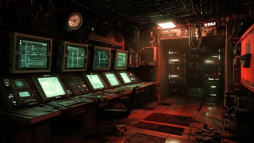 Retro-futurist command center renders cyberpunk control hub