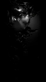 Dark metallic face emerging from fractured black void.