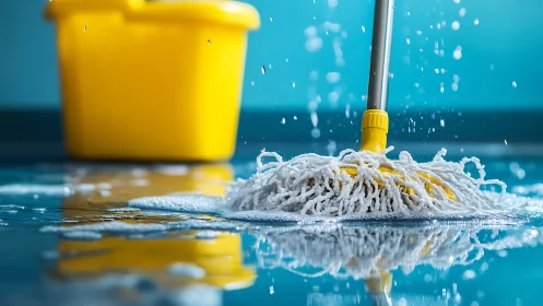 Wet mop head contacts reflective floor surface during use