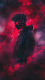 Cybernetic silhouette emerges from neon crimson smoke field