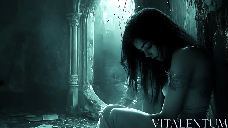 Solitary woman in ruined archway under cyan twilight