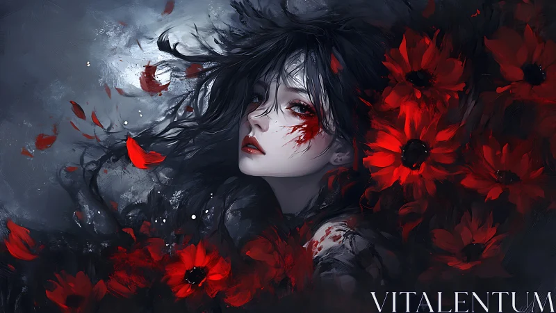 Scarlet flowers surround a haunted, bloodstained gaze in dusk.
