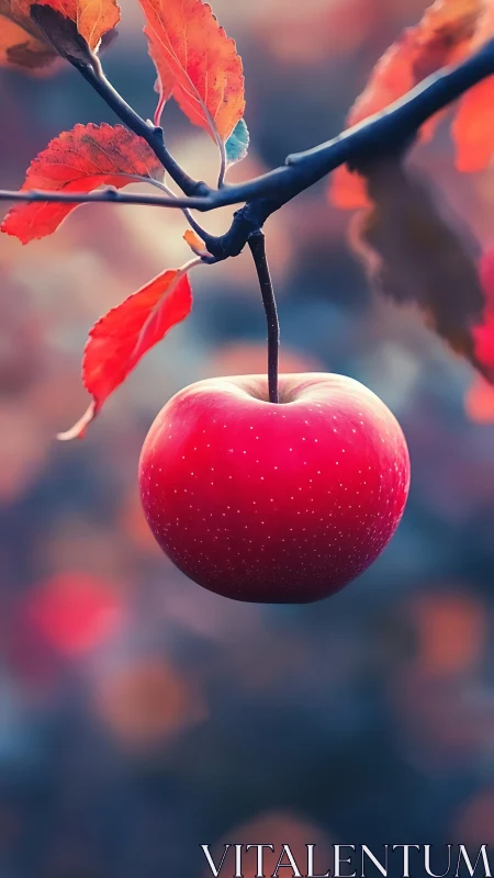 Photorealistic autumn apple study with shallow depth of field.