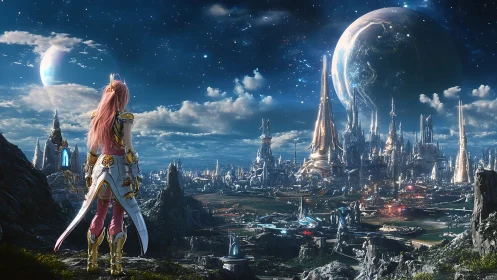 Armored heroine surveys luminous exoplanetary megacity skyline