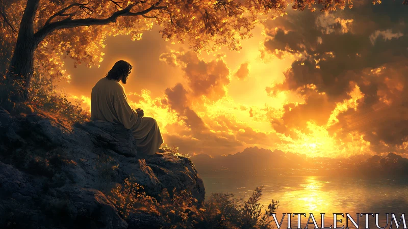 Solitary robed figure greeting a blazing golden horizon.