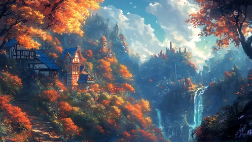 Sunlit cliffside village overlooks misty waterfalls and citadel