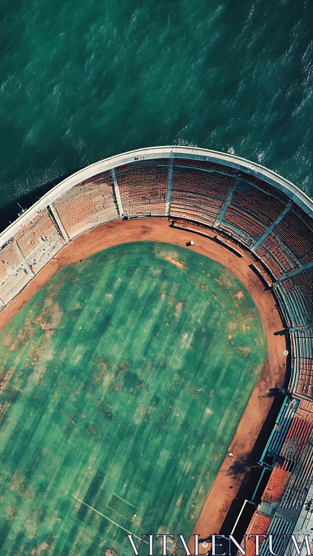 Aerial view of coastal stadium bowl and weathered grass field