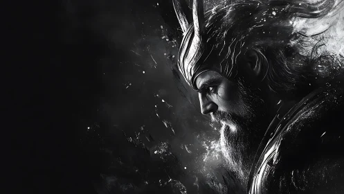 Warrior god profile in dark monochrome battle aura.