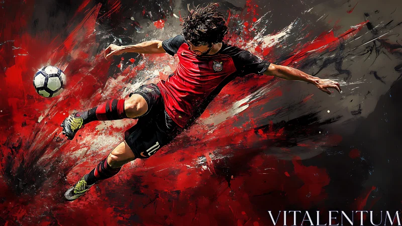 Soccer player performs airborne kick with abstract red trail