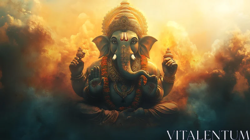 Divine Ganesha portrait glows within swirling golden clouds.