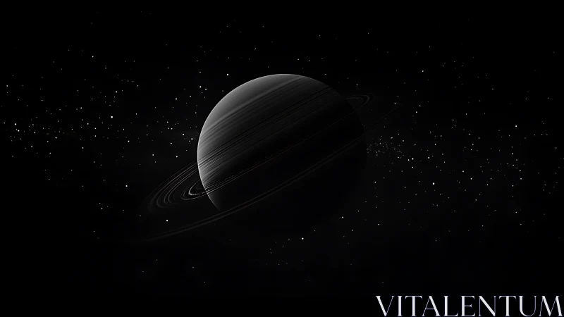 Ringed planet floats in silent, monochrome cosmic vastness