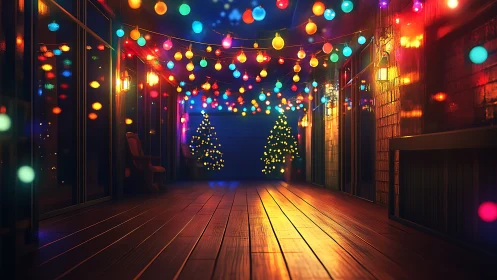 Festive veranda perspective with glowing multicolor string lights.