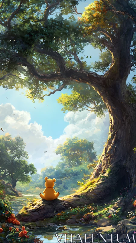 Toy bear under luminous forest tree in tranquil glade.