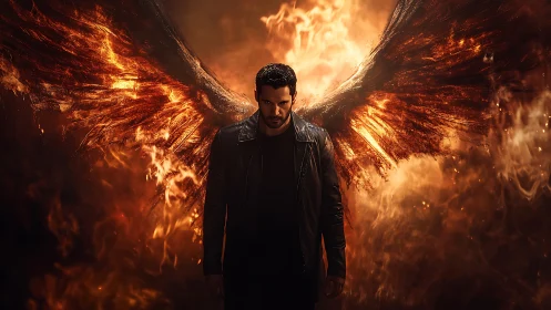Winged male figure in leather jacket against fiery backdrop.