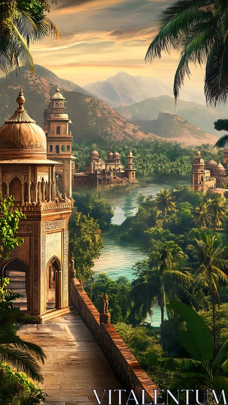 Sunlit jungle palace terraces overlook winding emerald river.