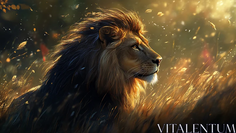 Radiant lion profile in volumetric dusk field illumination.