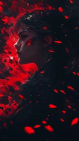 Fierce young warrior in swirling red embers of resolve.