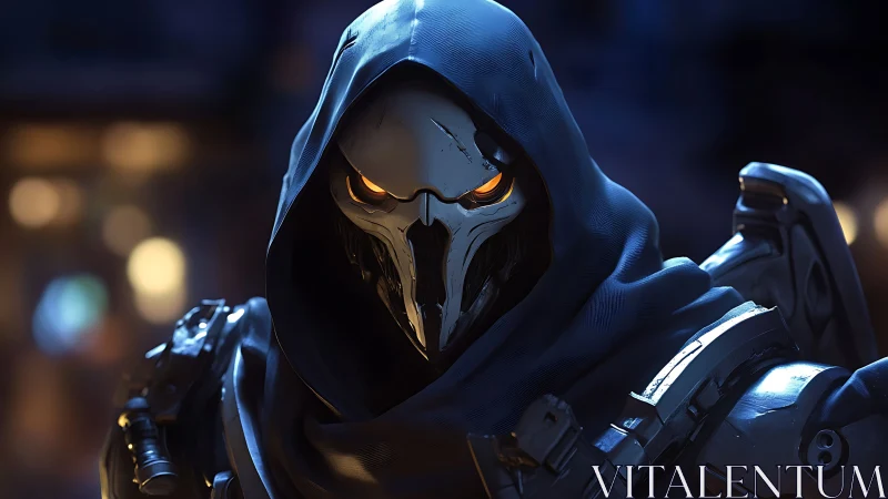 Hooded cybernetic reaper stares forward with burning eyes.