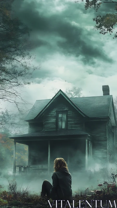 Lonely figure confronts eerie abandoned house in swirling mist