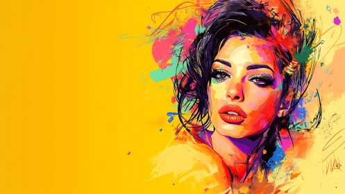Vibrant multicolor portrait of woman on yellow background.