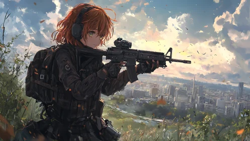 Armed female operative overlooking modern city skyline at dusk.