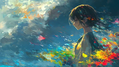 Anime profile portrait amid abstract chromatic brush fields.