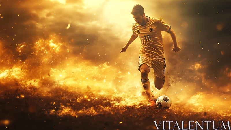Dynamic soccer striker in blazing golden motion field.