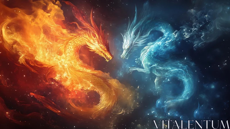 Twin elemental dragons in a cosmic dance of fire and ice.