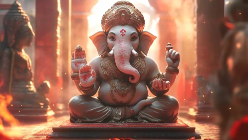 Lord Ganesha idol glows in warm temple light and incense.