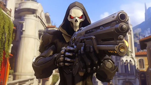 Hooded skull gunner in sunny neo‑classical cityscape.
