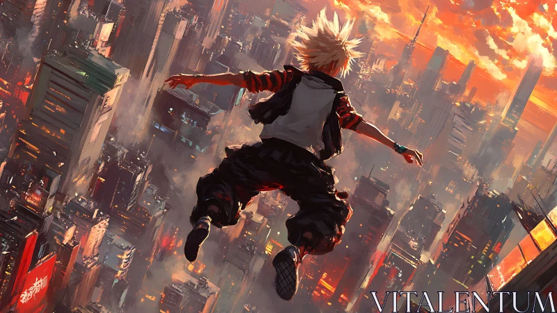 Neon‑lit freefall above sunset cyberpunk megacity skyline.