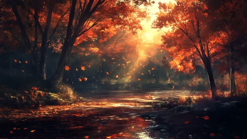 Luminous autumn forest river with drifting foliage and shafts