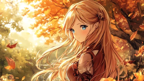 Blonde anime girl stands in glowing autumn forest scene