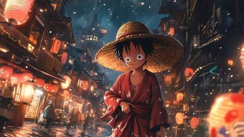 Straw hat anime boy in rainy lantern lit night street scene.