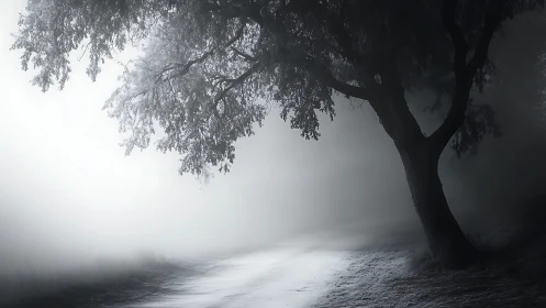 Solitary tree silhouettes above misted monochrome path.