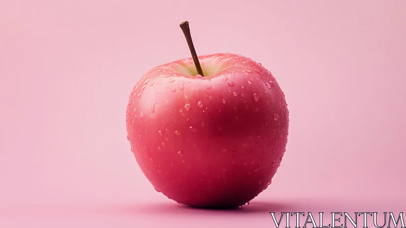 Single dewy pink apple stands against soft pastel backdrop