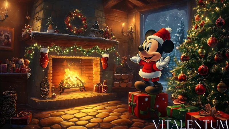 Cozy Christmas hearth with cheerful mouse in Santa suit.
