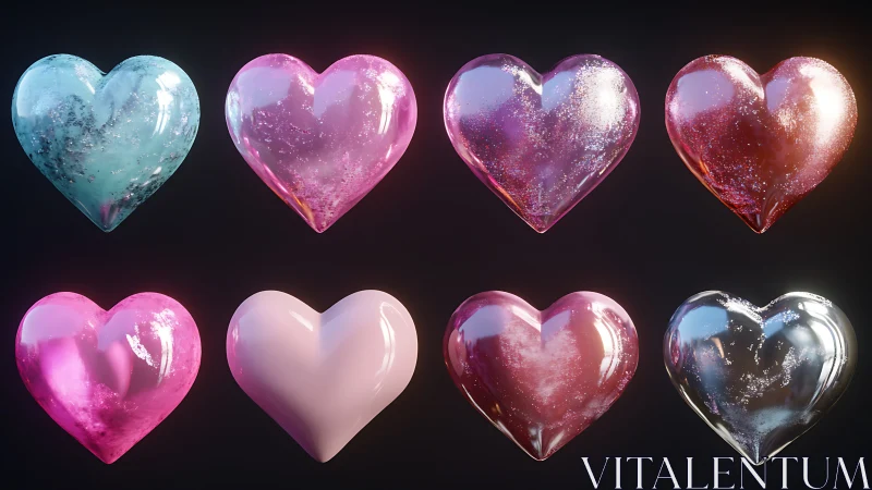 Lustrous glass hearts glow in rows against a dark backdrop